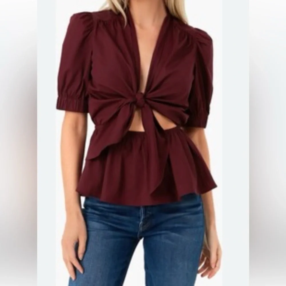 Tuckernuck Hyacinth House Piper Front Tie Cutout Peplum Blouse Burgundy Size M